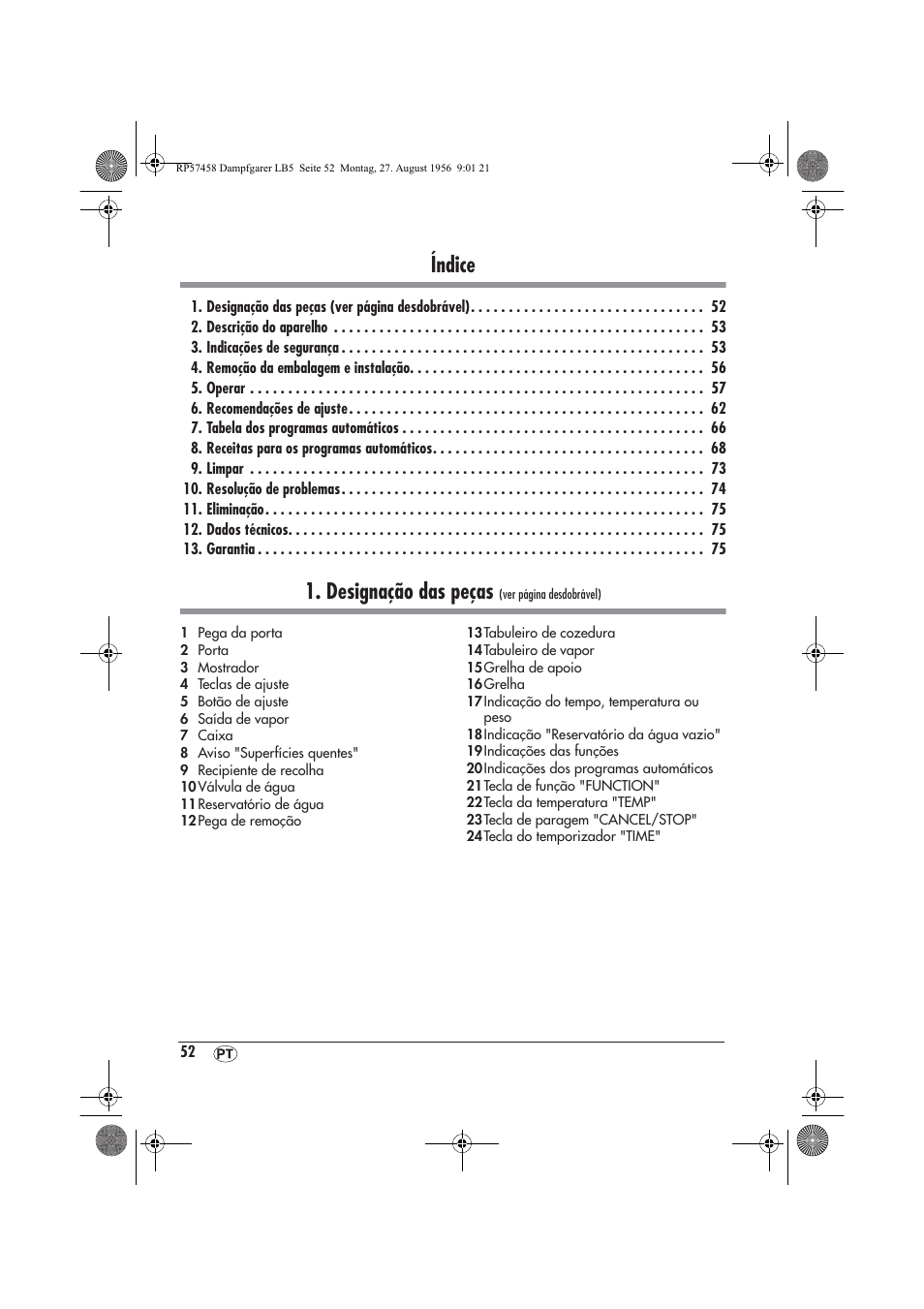 Índice, Designação das peças | Silvercrest SDBO 1850 A1 User Manual | Page 54 / 126