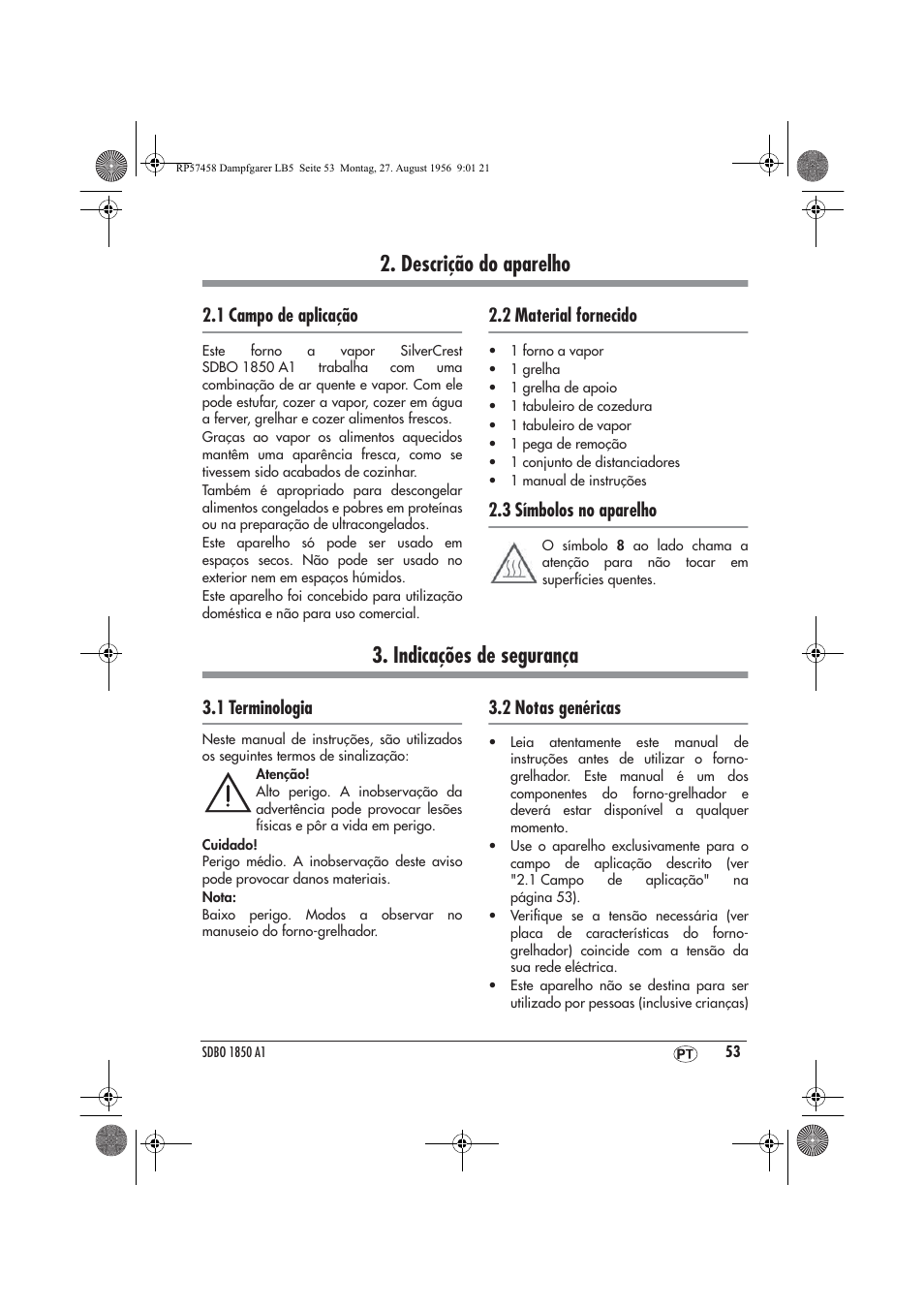 Descrição do aparelho, Indicações de segurança, 1 campo de aplicação | 2 material fornecido, 3 símbolos no aparelho, 1 terminologia, 2 notas genéricas | Silvercrest SDBO 1850 A1 User Manual | Page 55 / 126