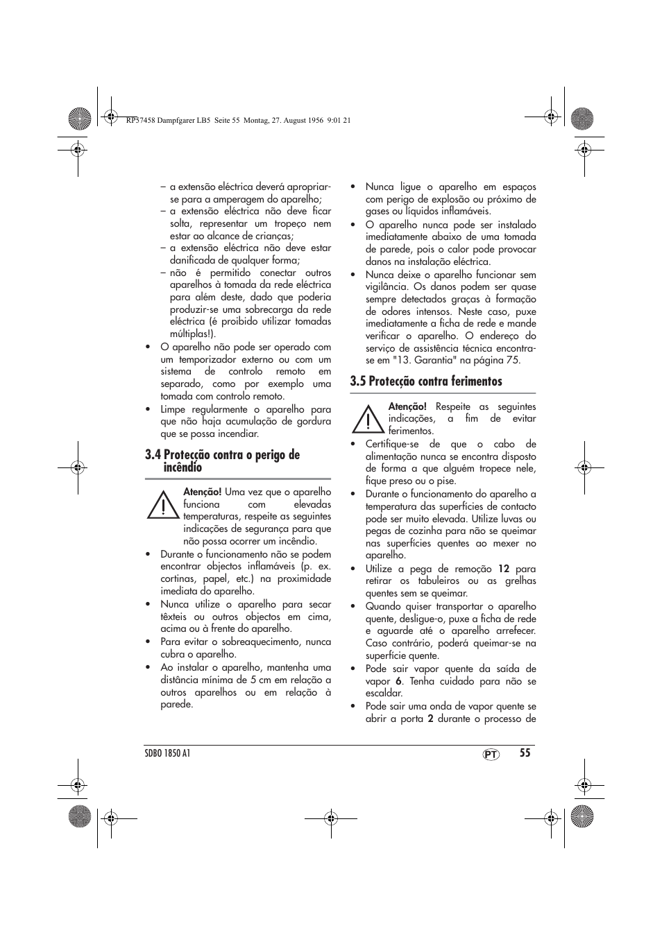 4 protecção contra o perigo de incêndio, 5 protecção contra ferimentos | Silvercrest SDBO 1850 A1 User Manual | Page 57 / 126