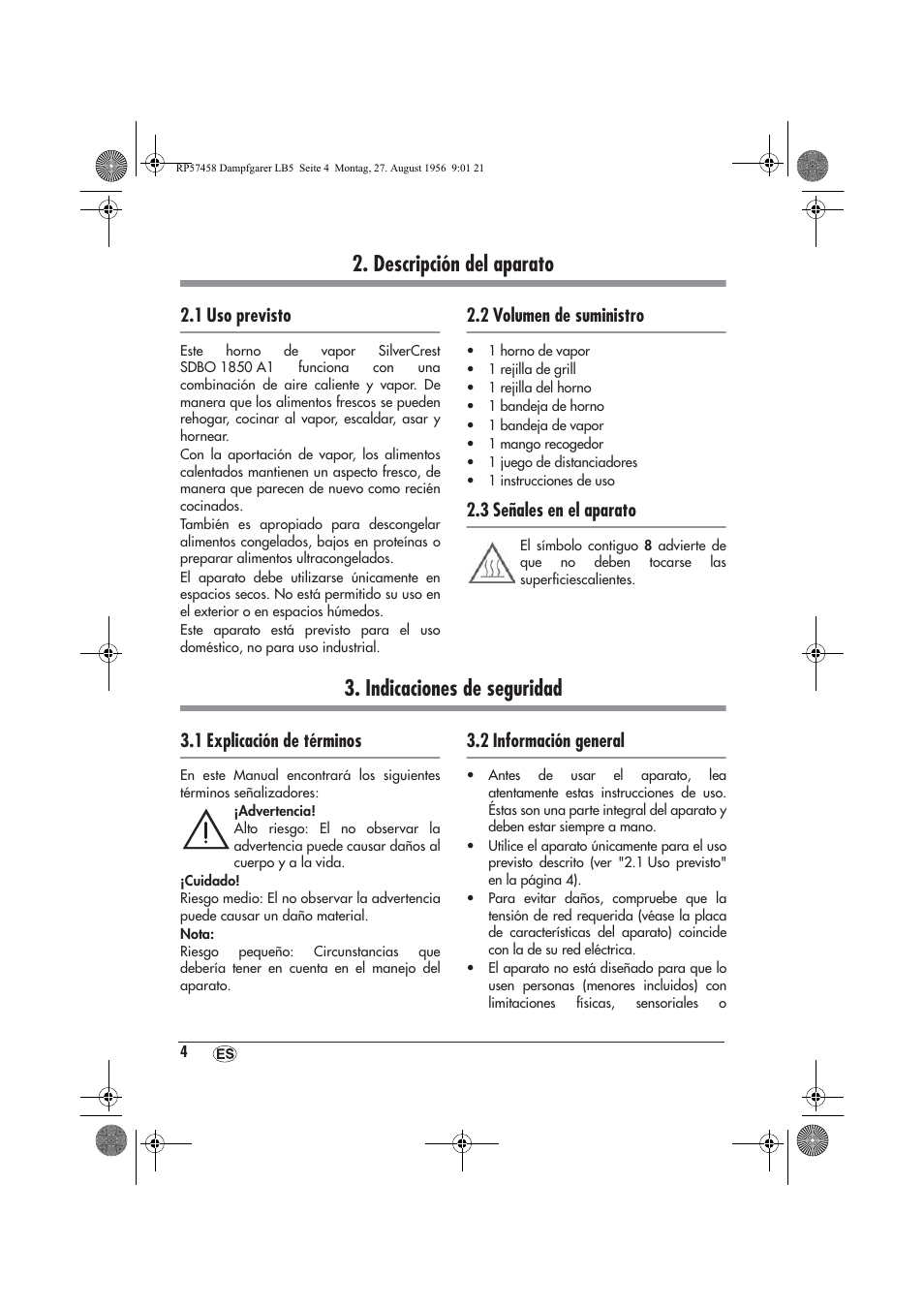 Descripción del aparato, Indicaciones de seguridad, 1 uso previsto | 2 volumen de suministro, 3 señales en el aparato, 1 explicación de términos, 2 información general | Silvercrest SDBO 1850 A1 User Manual | Page 6 / 126