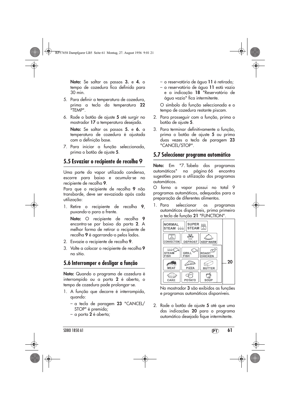 5 esvaziar o recipiente de recolha 9, 6 interromper e desligar a função, 7 seleccionar programa automático | Silvercrest SDBO 1850 A1 User Manual | Page 63 / 126