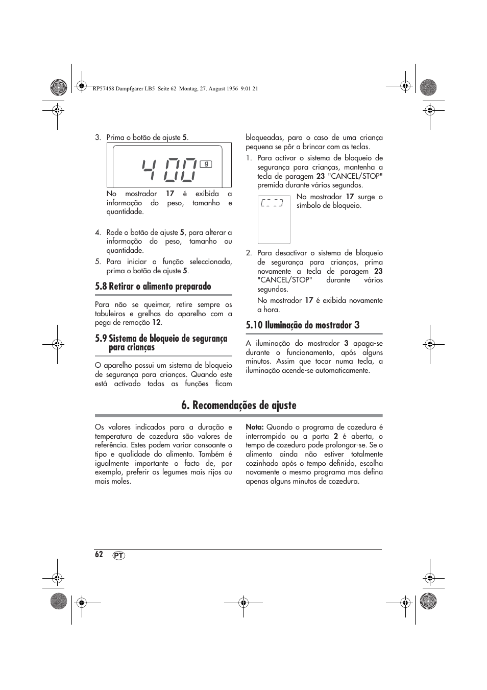 Recomendações de ajuste, 8 retirar o alimento preparado, 9 sistema de bloqueio de segurança para crianças | 10 iluminação do mostrador 3 | Silvercrest SDBO 1850 A1 User Manual | Page 64 / 126