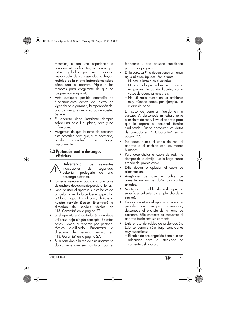 3 protección contra descargas eléctricas | Silvercrest SDBO 1850 A1 User Manual | Page 7 / 126