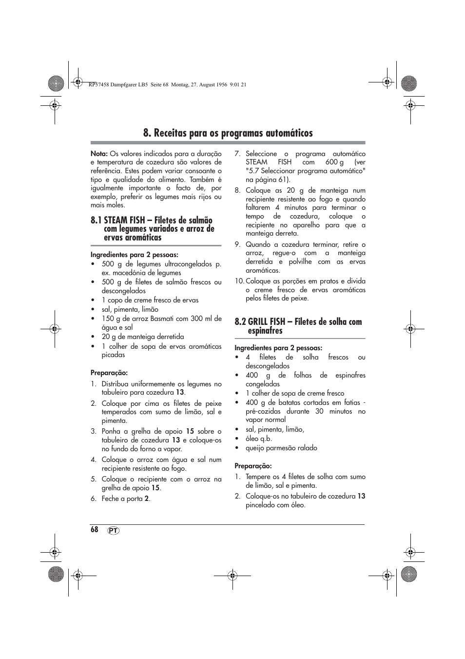 Receitas para os programas automáticos, 2 grill fish – filetes de solha com espinafres | Silvercrest SDBO 1850 A1 User Manual | Page 70 / 126