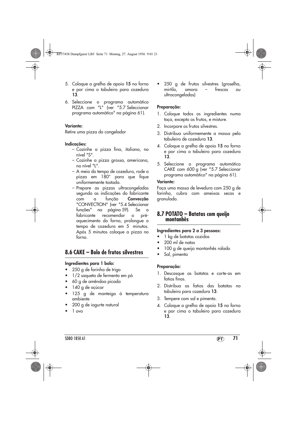 6 cake – bolo de frutos silvestres, 7 potato – batatas com queijo montanhês | Silvercrest SDBO 1850 A1 User Manual | Page 73 / 126