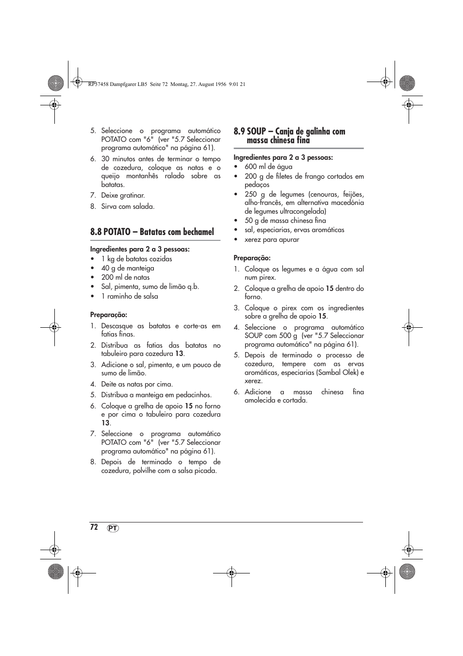 8 potato – batatas com bechamel, 9 soup – canja de galinha com massa chinesa ﬁna | Silvercrest SDBO 1850 A1 User Manual | Page 74 / 126