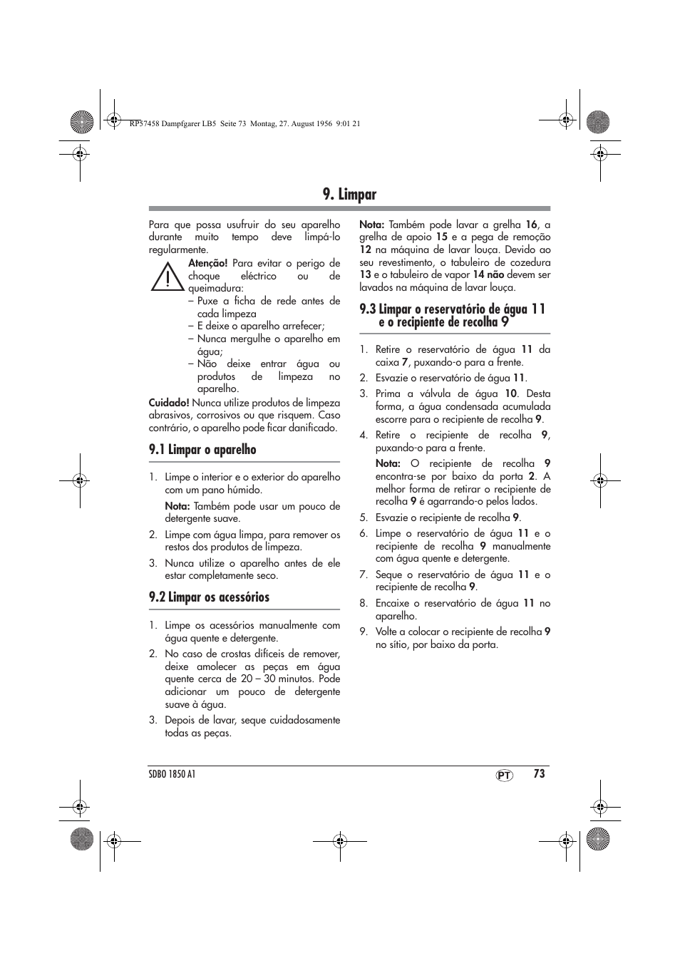 Limpar, 1 limpar o aparelho, 2 limpar os acessórios | Silvercrest SDBO 1850 A1 User Manual | Page 75 / 126