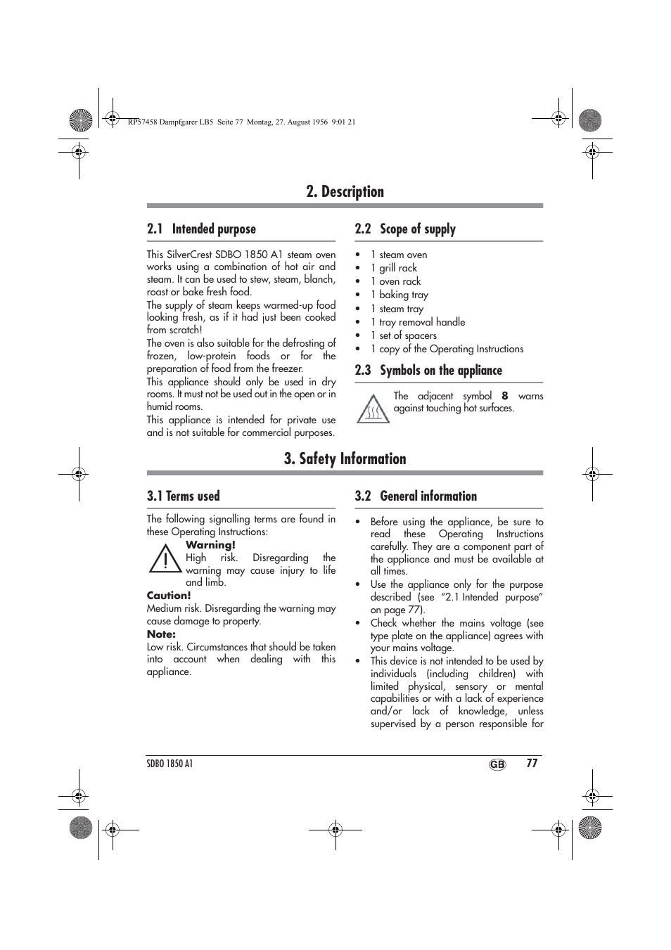 Description, Safety information | Silvercrest SDBO 1850 A1 User Manual | Page 79 / 126