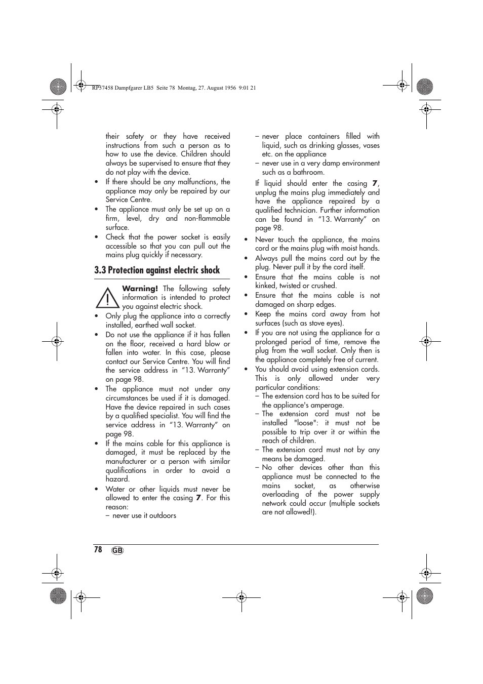 3 protection against electric shock | Silvercrest SDBO 1850 A1 User Manual | Page 80 / 126