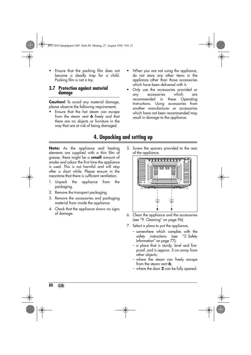 Unpacking and setting up, 7 protection against material damage | Silvercrest SDBO 1850 A1 User Manual | Page 82 / 126