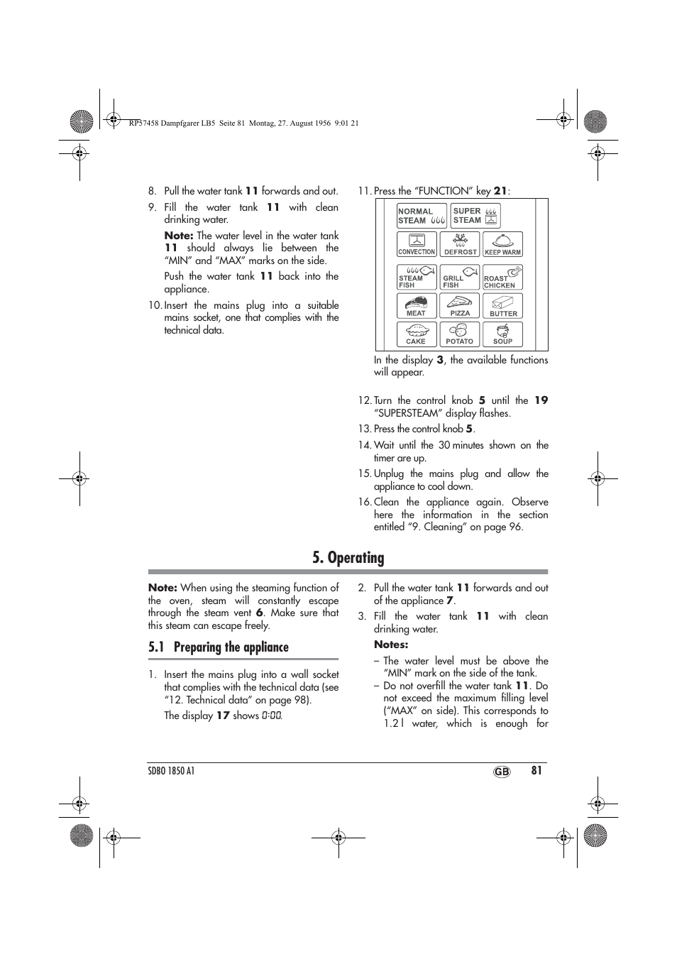 Operating, 1 preparing the appliance | Silvercrest SDBO 1850 A1 User Manual | Page 83 / 126