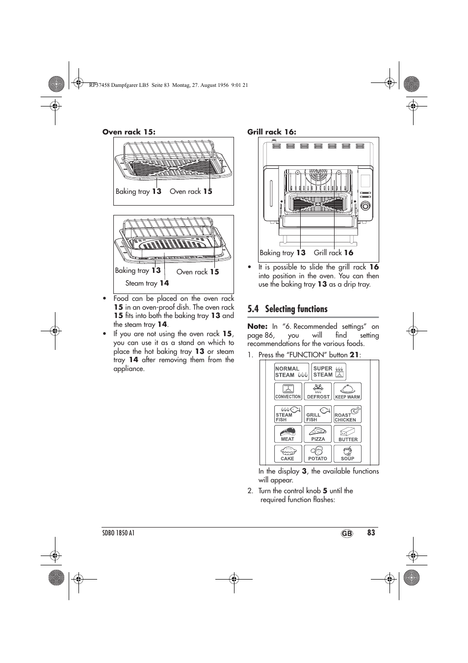 4 selecting functions | Silvercrest SDBO 1850 A1 User Manual | Page 85 / 126