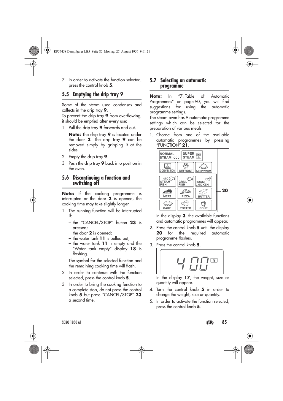 5 emptying the drip tray 9, 6 discontinuing a function and switching off, 7 selecting an automatic programme | Silvercrest SDBO 1850 A1 User Manual | Page 87 / 126