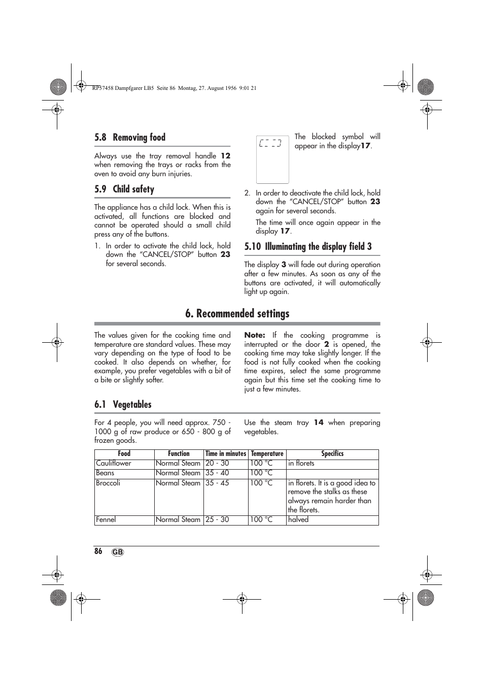 Recommended settings, 8 removing food, 9 child safety | 10 illuminating the display ﬁeld 3, 1 vegetables | Silvercrest SDBO 1850 A1 User Manual | Page 88 / 126