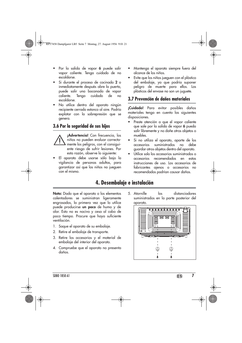 Desembalaje e instalación, 6 por la seguridad de sus hijos, 7 prevención de daños materiales | Silvercrest SDBO 1850 A1 User Manual | Page 9 / 126