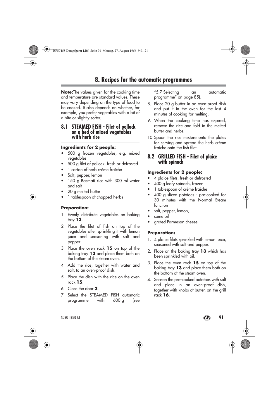 Recipes for the automatic programmes, 2 grilled fish - filet of plaice with spinach | Silvercrest SDBO 1850 A1 User Manual | Page 93 / 126