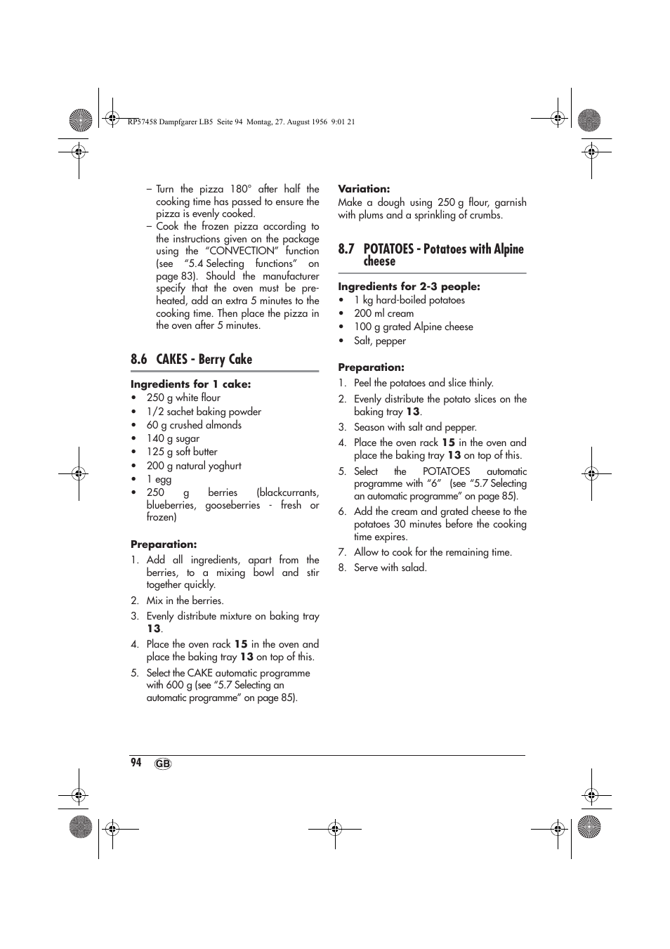 6 cakes - berry cake, 7 potatoes - potatoes with alpine cheese | Silvercrest SDBO 1850 A1 User Manual | Page 96 / 126