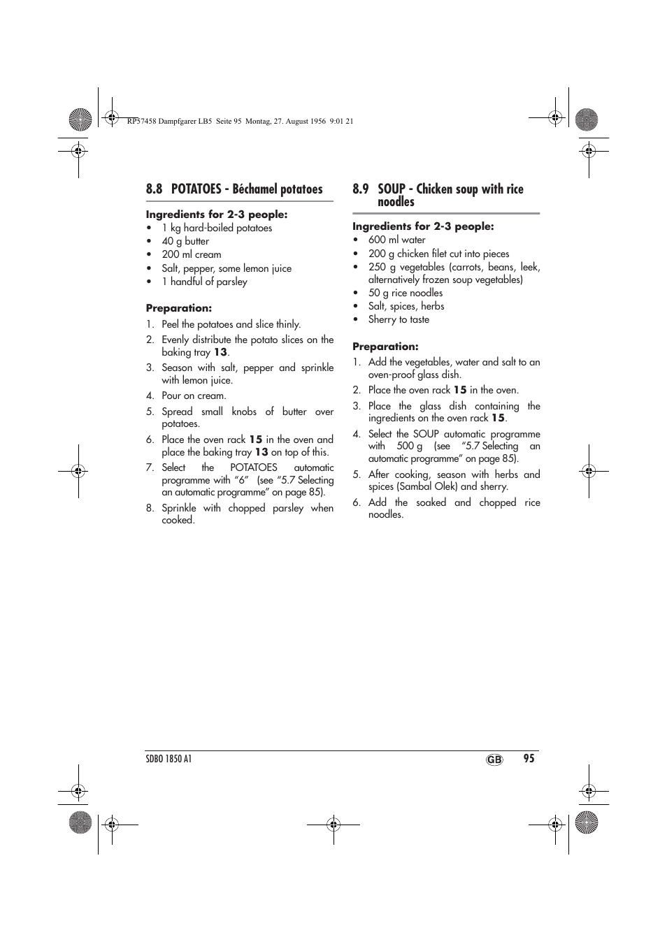 8 potatoes - béchamel potatoes, 9 soup - chicken soup with rice noodles | Silvercrest SDBO 1850 A1 User Manual | Page 97 / 126