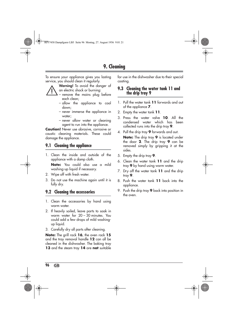 Cleaning, 1 cleaning the appliance, 2 cleaning the accessories | 3 cleaning the water tank 11 and the drip tray 9 | Silvercrest SDBO 1850 A1 User Manual | Page 98 / 126