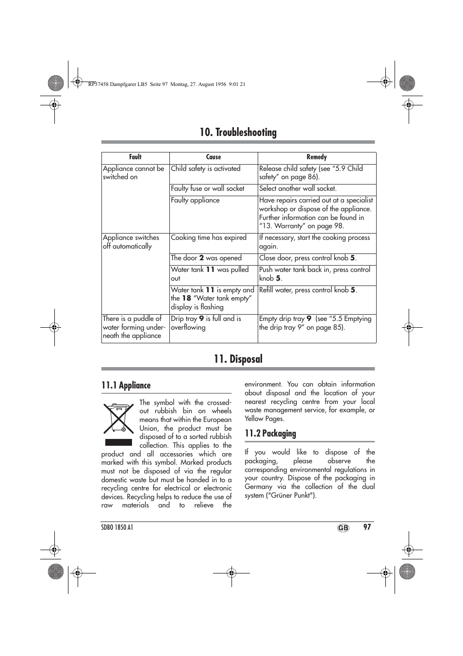 Troubleshooting 11. disposal, 1 appliance, 2 packaging | Silvercrest SDBO 1850 A1 User Manual | Page 99 / 126