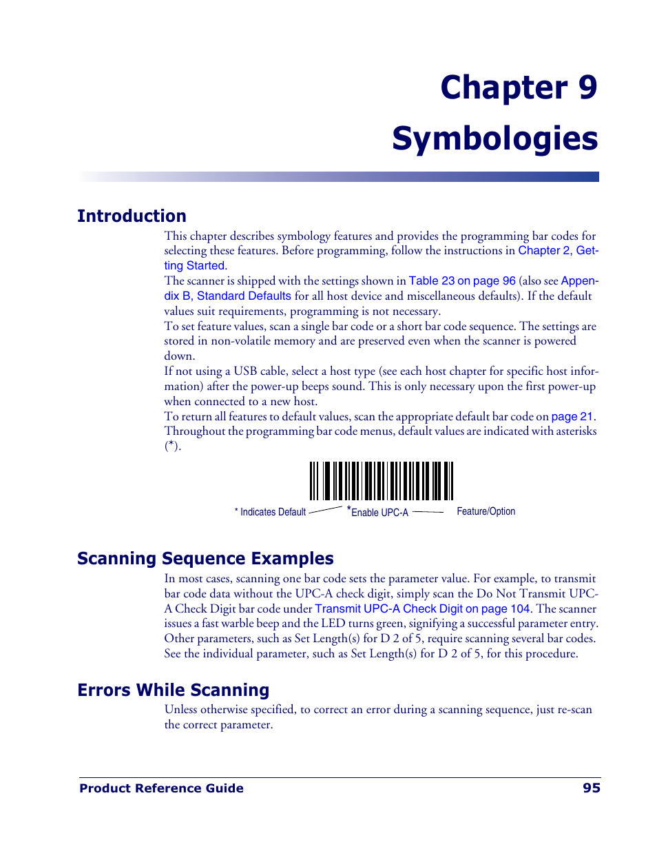 Chapter 9 symbologies, Introduction, Scanning sequence examples | Errors while scanning | Datalogic Scanning QUICKSCAN QD 2300 User Manual | Page 101 / 192