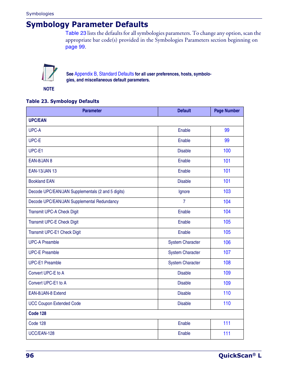 Symbology parameter defaults | Datalogic Scanning QUICKSCAN QD 2300 User Manual | Page 102 / 192