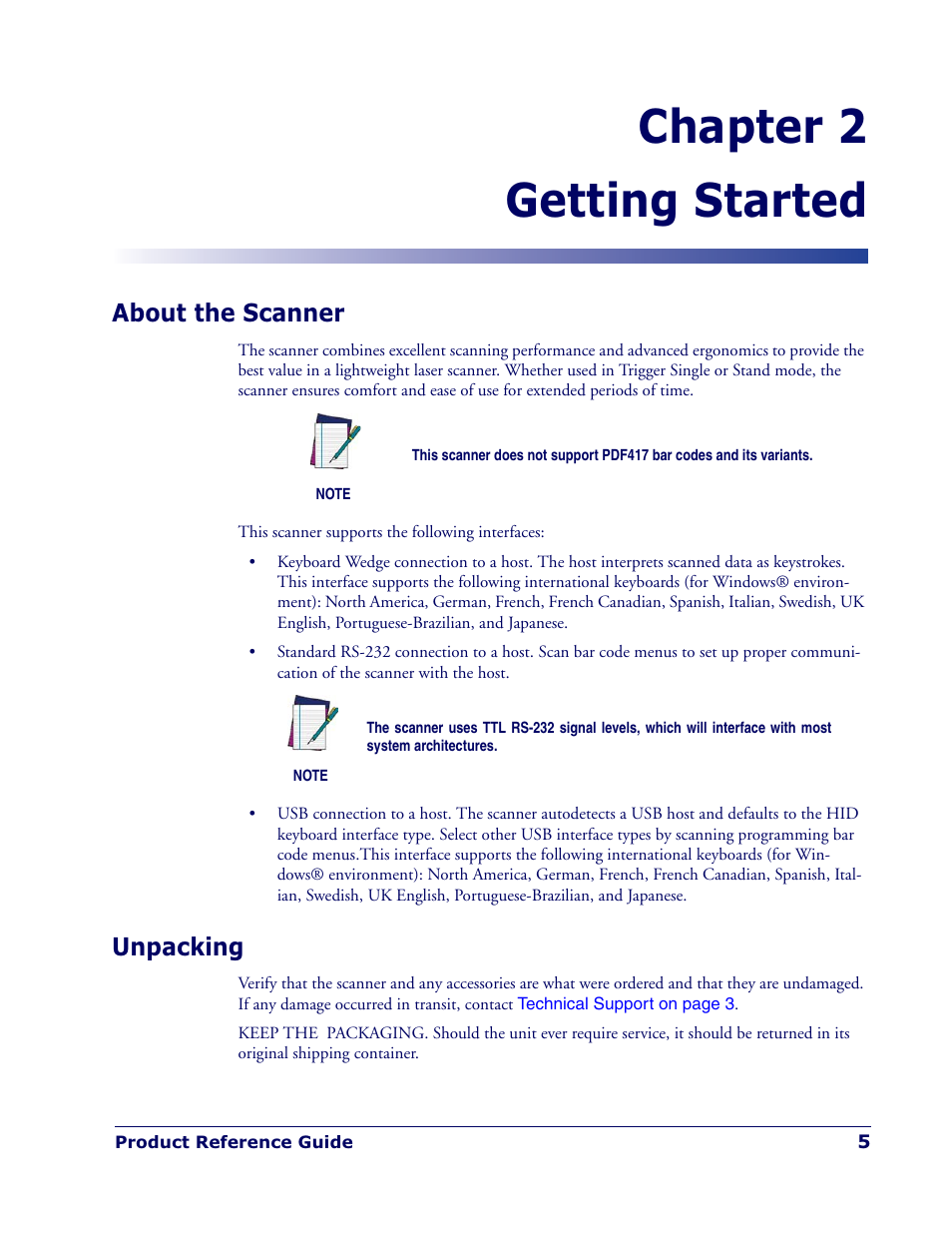 Chapter 2 getting started, About the scanner, Unpacking | Datalogic Scanning QUICKSCAN QD 2300 User Manual | Page 11 / 192