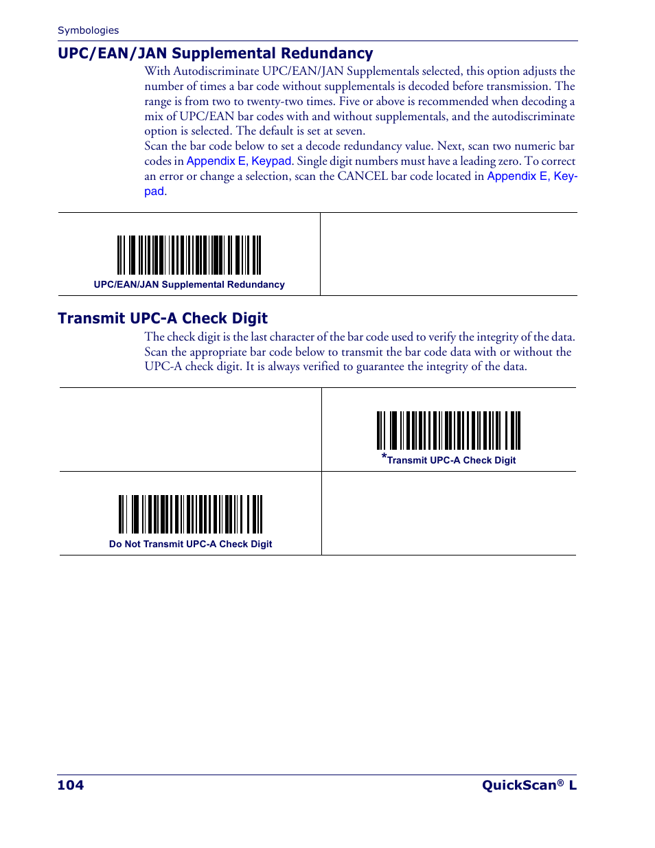 Upc/ean/jan supplemental redundancy, Transmit upc-a check digit | Datalogic Scanning QUICKSCAN QD 2300 User Manual | Page 110 / 192