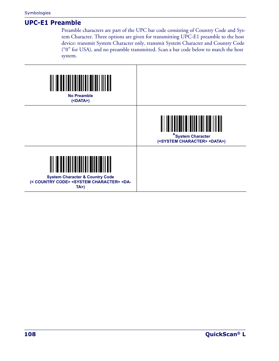 Upc-e1 preamble | Datalogic Scanning QUICKSCAN QD 2300 User Manual | Page 114 / 192