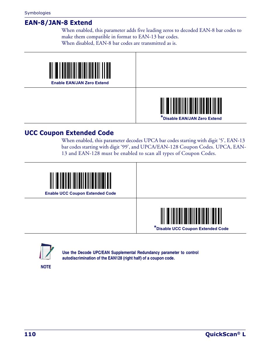 Ean-8/jan-8 extend, Ucc coupon extended code | Datalogic Scanning QUICKSCAN QD 2300 User Manual | Page 116 / 192