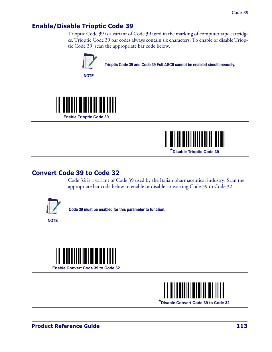 Enable/disable trioptic code 39, Convert code 39 to code 32 | Datalogic Scanning QUICKSCAN QD 2300 User Manual | Page 119 / 192