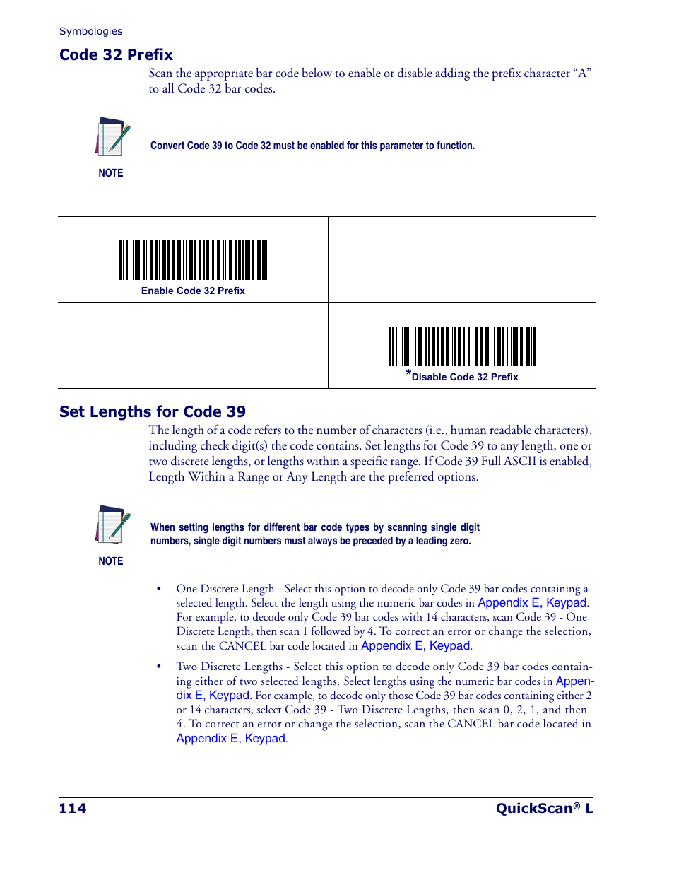 Code 32 prefix, Set lengths for code 39 | Datalogic Scanning QUICKSCAN QD 2300 User Manual | Page 120 / 192