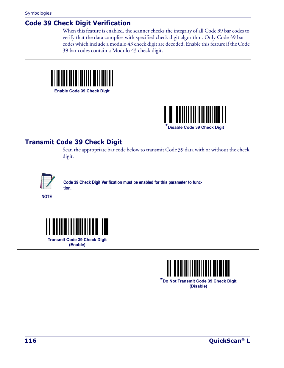 Code 39 check digit verification, Transmit code 39 check digit | Datalogic Scanning QUICKSCAN QD 2300 User Manual | Page 122 / 192
