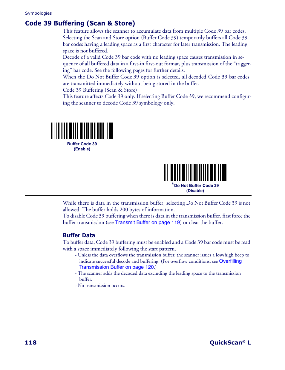 Code 39 buffering (scan & store) | Datalogic Scanning QUICKSCAN QD 2300 User Manual | Page 124 / 192