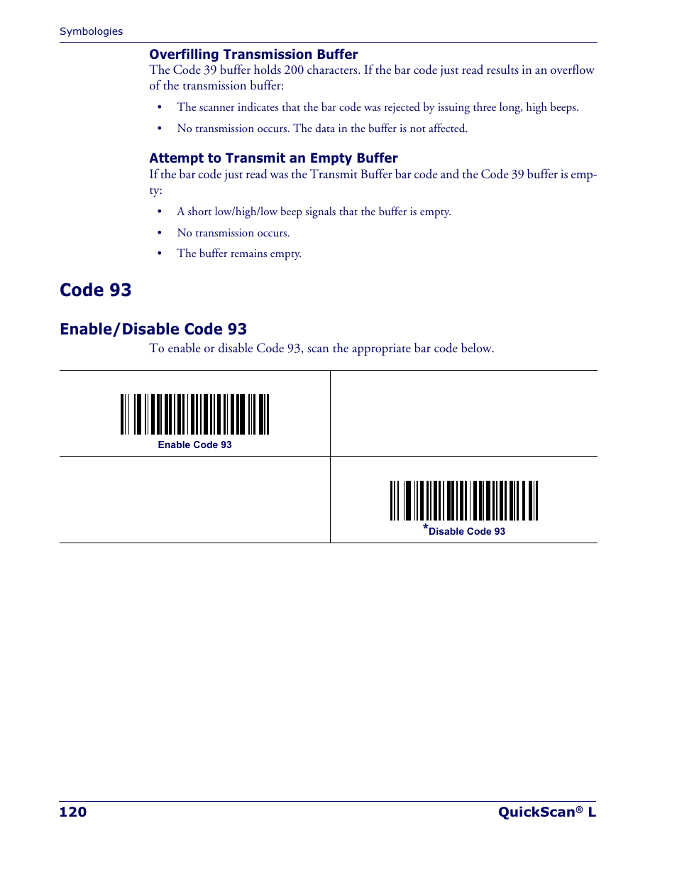 Code 93, Enable/disable code 93 | Datalogic Scanning QUICKSCAN QD 2300 User Manual | Page 126 / 192