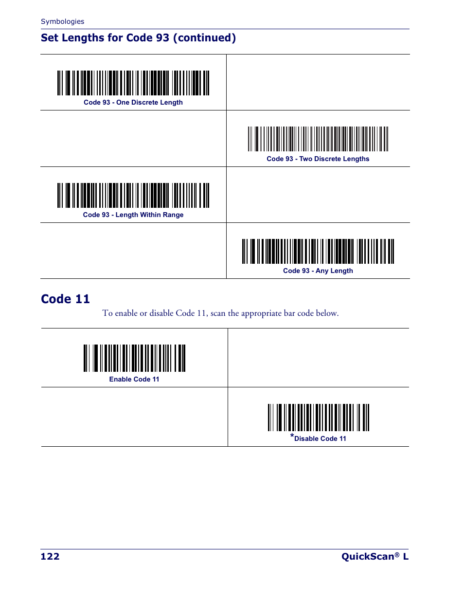 Code 11, Set lengths for code 93 (continued) | Datalogic Scanning QUICKSCAN QD 2300 User Manual | Page 128 / 192