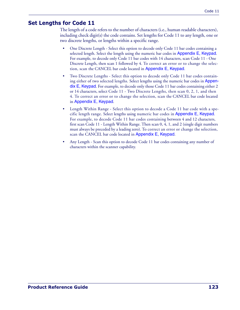 Set lengths for code 11 | Datalogic Scanning QUICKSCAN QD 2300 User Manual | Page 129 / 192