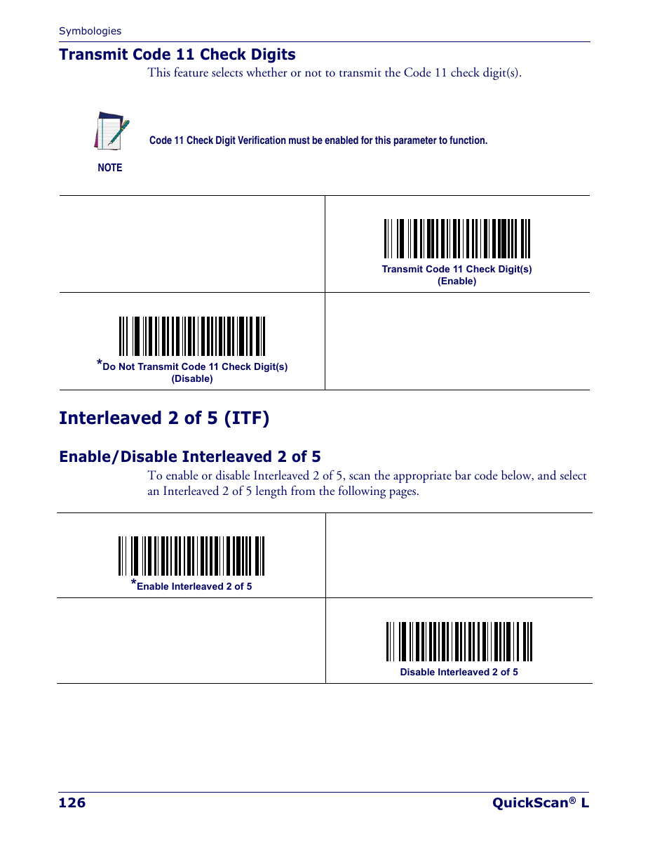 Interleaved 2 of 5 (itf), Transmit code 11 check digits, Enable/disable interleaved 2 of 5 | Datalogic Scanning QUICKSCAN QD 2300 User Manual | Page 132 / 192