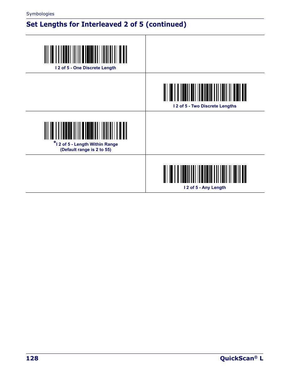 Set lengths for interleaved 2 of 5 (continued) | Datalogic Scanning QUICKSCAN QD 2300 User Manual | Page 134 / 192