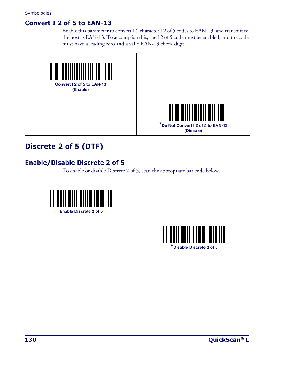 Discrete 2 of 5 (dtf), Convert i 2 of 5 to ean-13, Enable/disable discrete 2 of 5 | Datalogic Scanning QUICKSCAN QD 2300 User Manual | Page 136 / 192