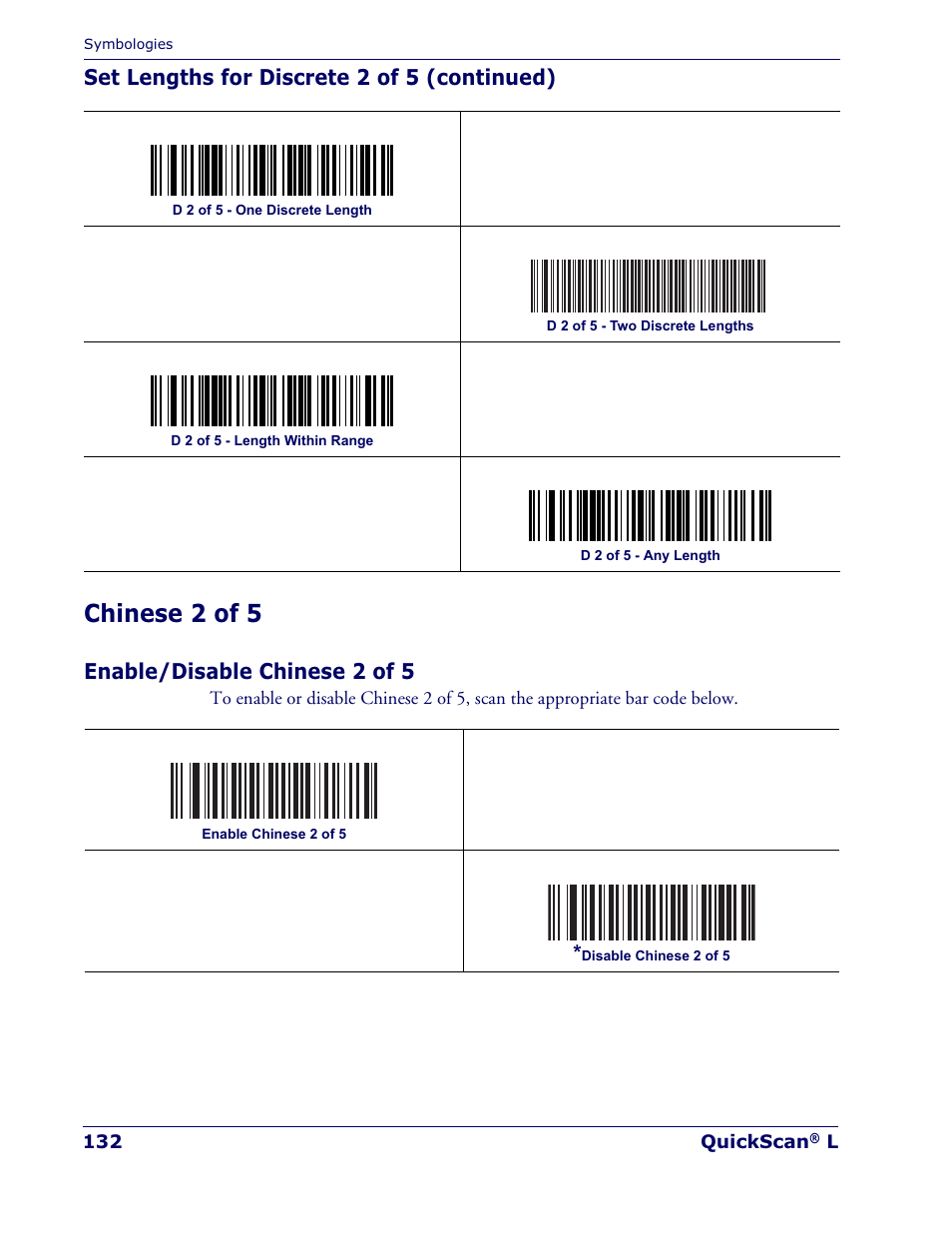 Chinese 2 of 5, Set lengths for discrete 2 of 5 (continued), Enable/disable chinese 2 of 5 | Datalogic Scanning QUICKSCAN QD 2300 User Manual | Page 138 / 192