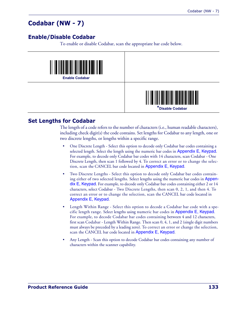 Codabar (nw - 7), Enable/disable codabar, Set lengths for codabar | Datalogic Scanning QUICKSCAN QD 2300 User Manual | Page 139 / 192