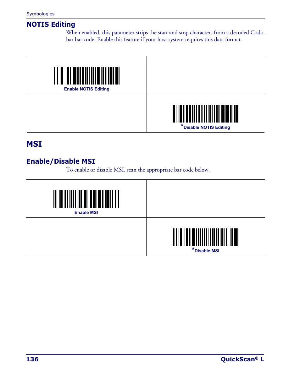 Notis editing, Enable/disable msi | Datalogic Scanning QUICKSCAN QD 2300 User Manual | Page 142 / 192