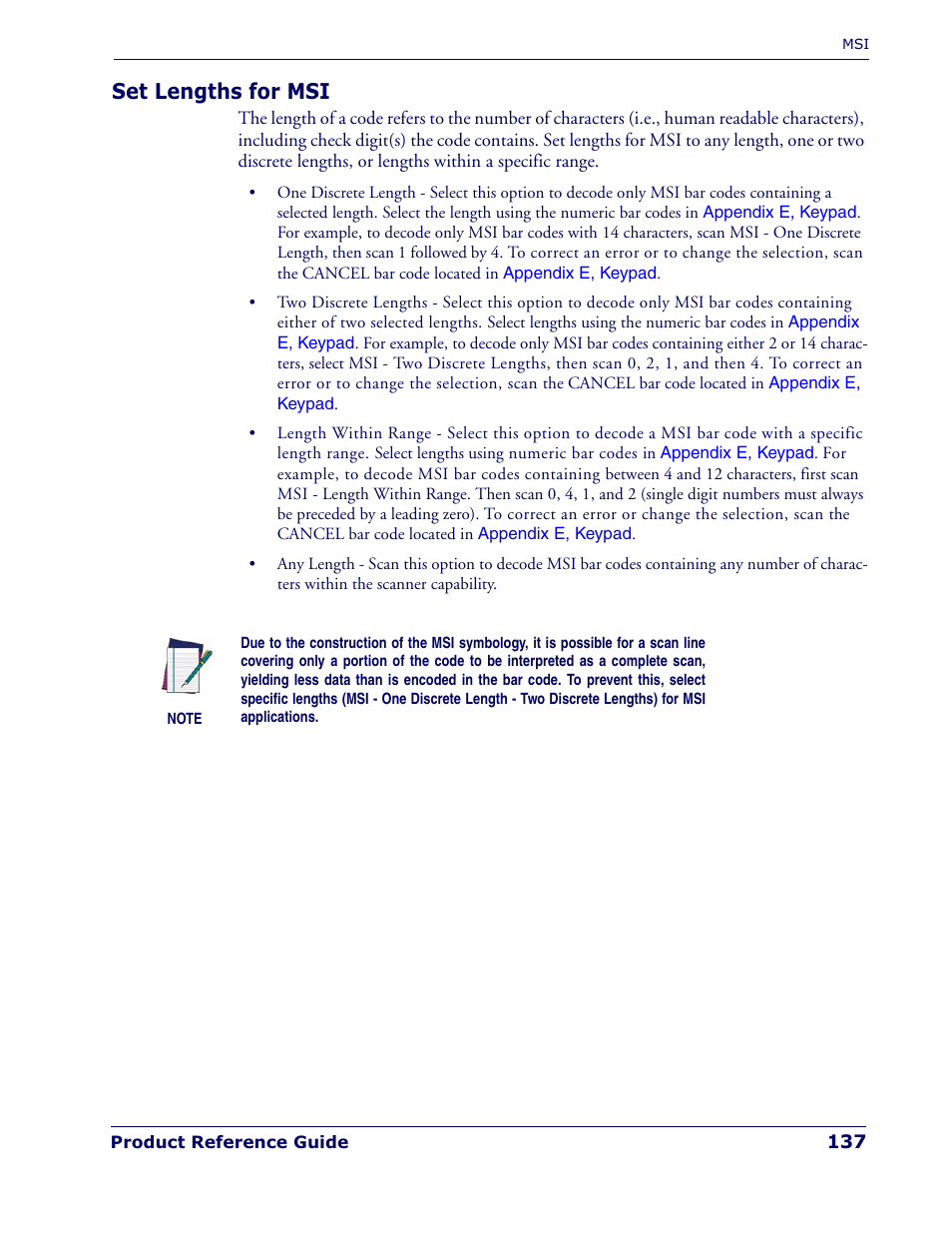 Set lengths for msi | Datalogic Scanning QUICKSCAN QD 2300 User Manual | Page 143 / 192