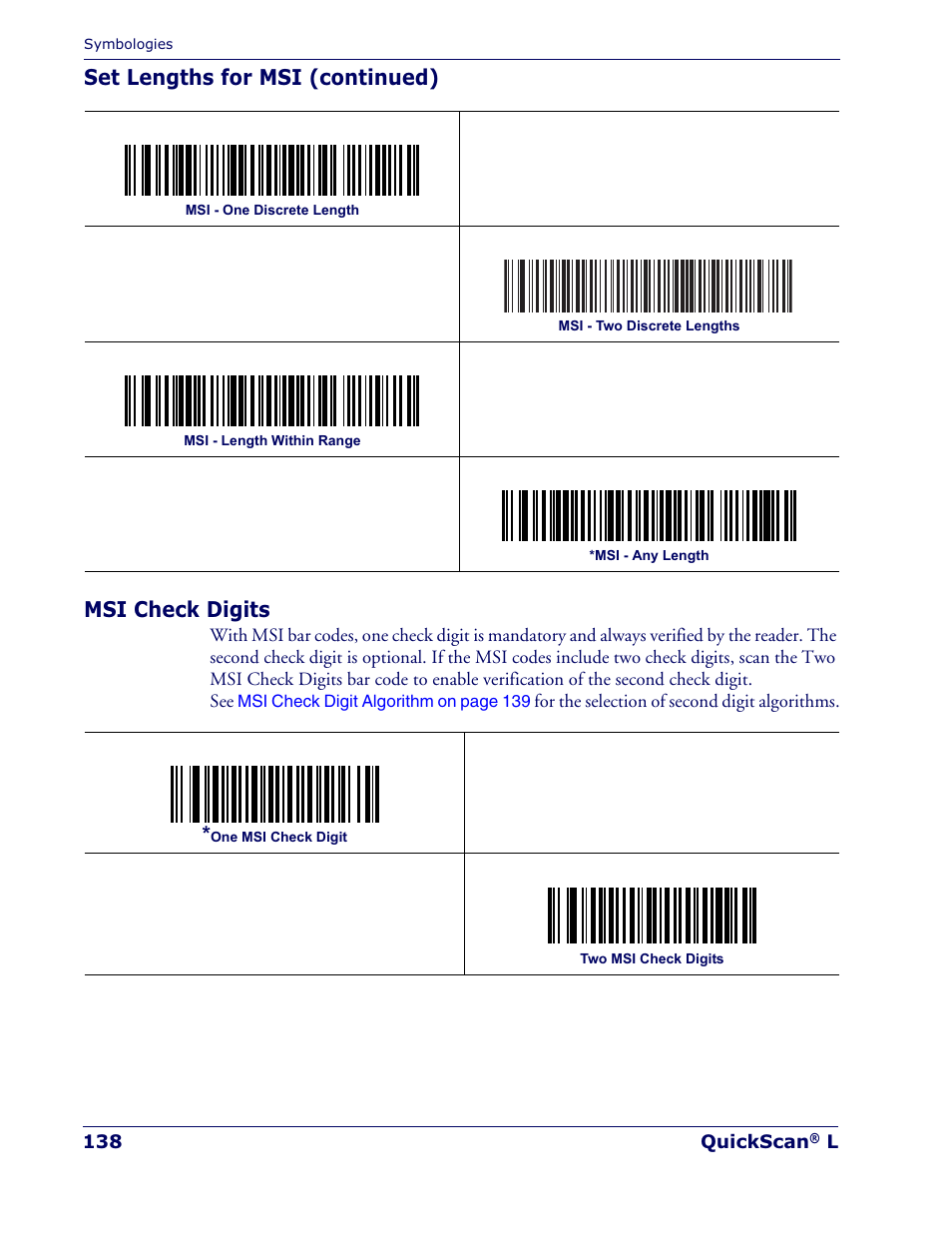 Set lengths for msi (continued) msi check digits | Datalogic Scanning QUICKSCAN QD 2300 User Manual | Page 144 / 192