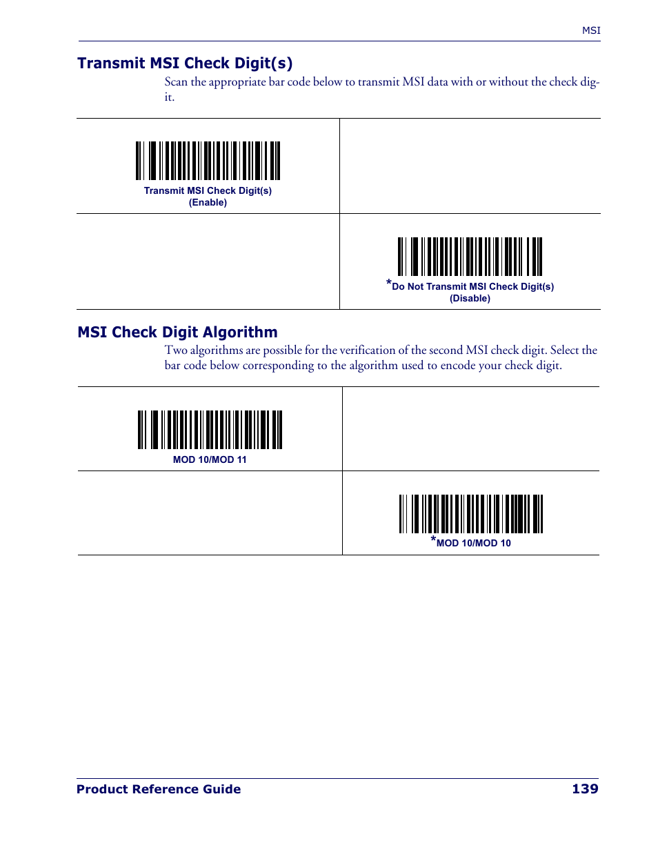 Transmit msi check digit(s), Msi check digit algorithm | Datalogic Scanning QUICKSCAN QD 2300 User Manual | Page 145 / 192