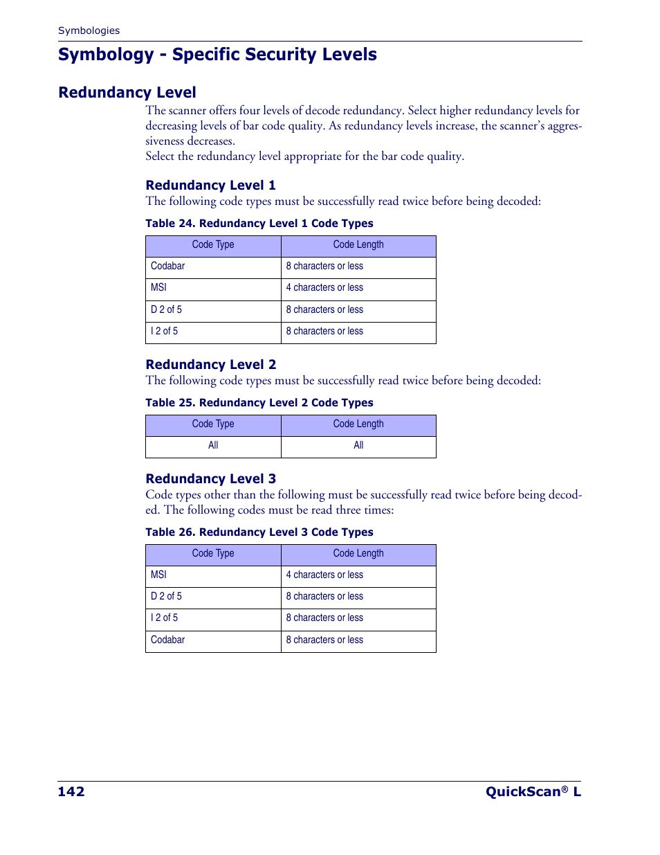 Symbology - specific security levels, Redundancy level | Datalogic Scanning QUICKSCAN QD 2300 User Manual | Page 148 / 192