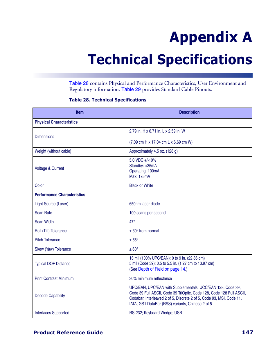 Appendix a, Technical specifications | Datalogic Scanning QUICKSCAN QD 2300 User Manual | Page 153 / 192