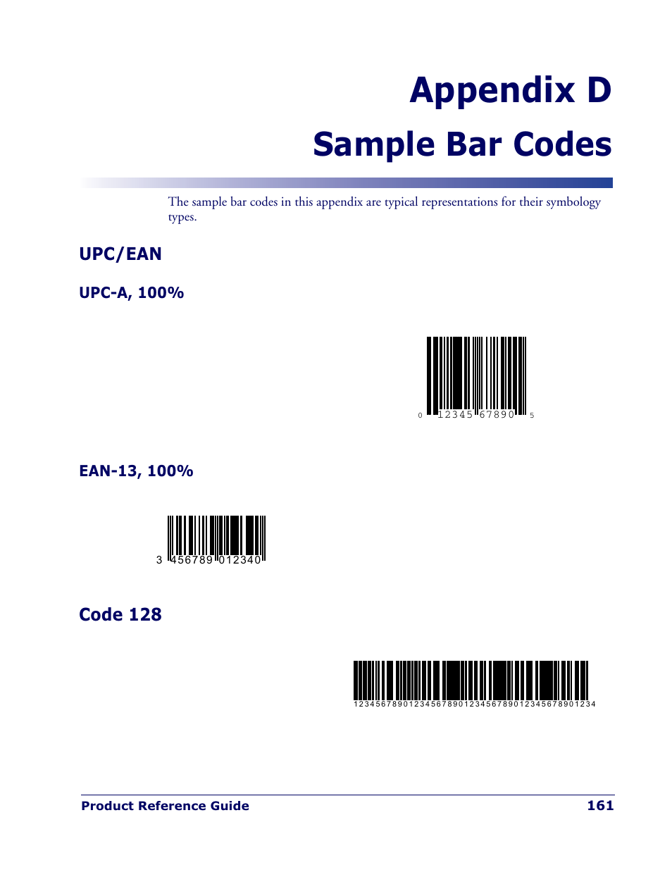 Appendix d, Sample bar codes | Datalogic Scanning QUICKSCAN QD 2300 User Manual | Page 167 / 192