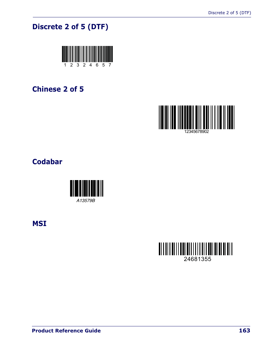 Discrete 2 of 5 (dtf) chinese 2 of 5 codabar msi | Datalogic Scanning QUICKSCAN QD 2300 User Manual | Page 169 / 192